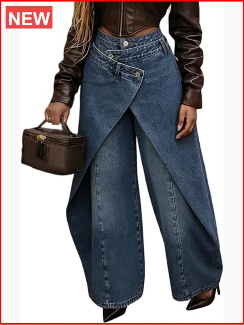 Commense Dark Blue Wrap-Overlay Wide-Leg Jeans